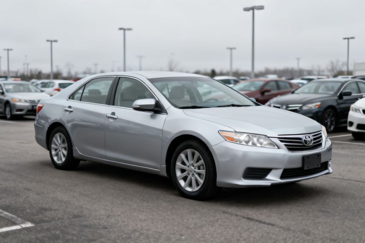 Sedan in a parking lot turned into a showroom advertisement — original photo