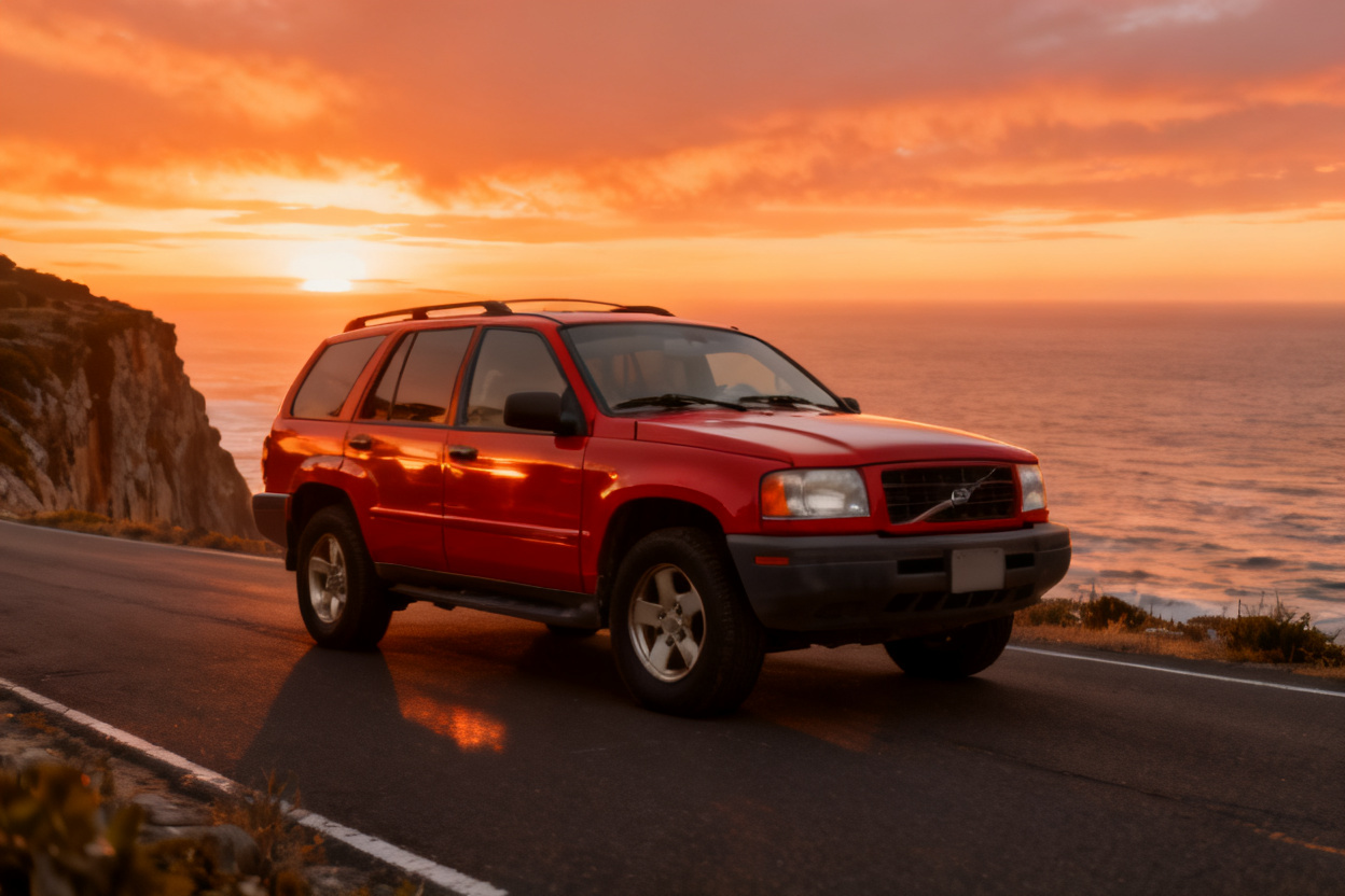 SUV in a driveway moved to a sunset coastal road — after editing with AI