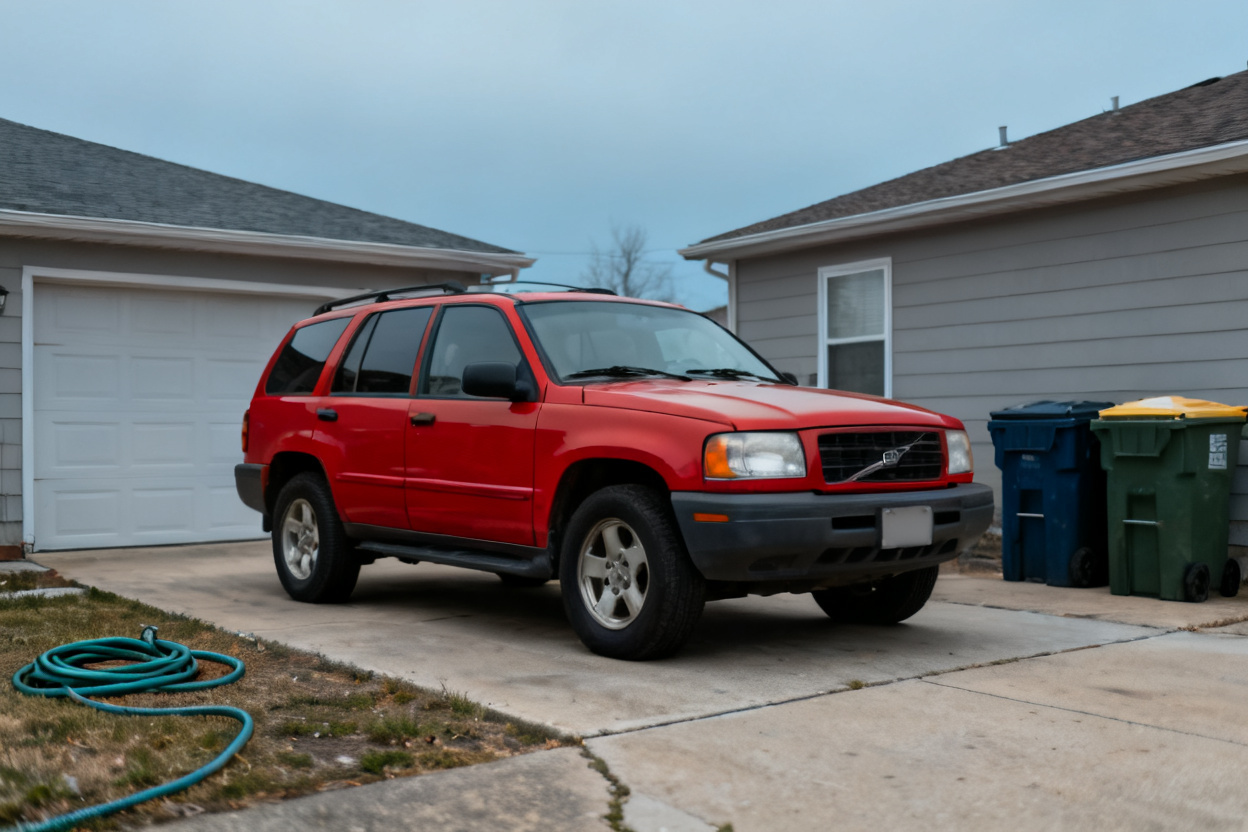 SUV in a driveway moved to a sunset coastal road — original photo