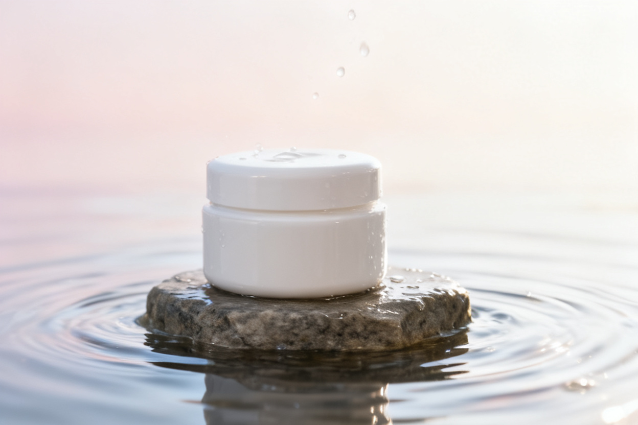 Skincare jar staged in a premium campaign scene — after editing with AI