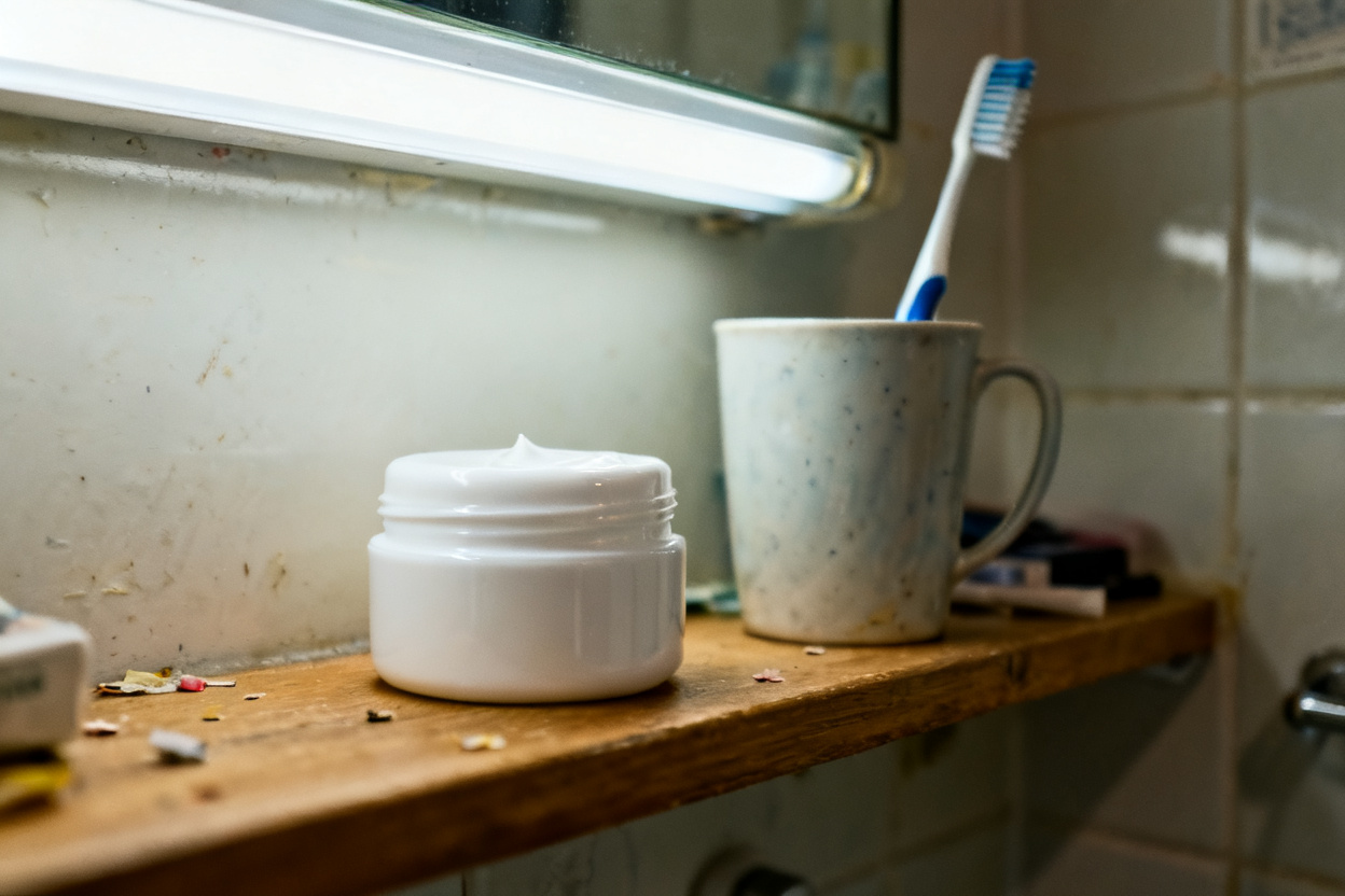 Skincare jar staged in a premium campaign scene — original photo