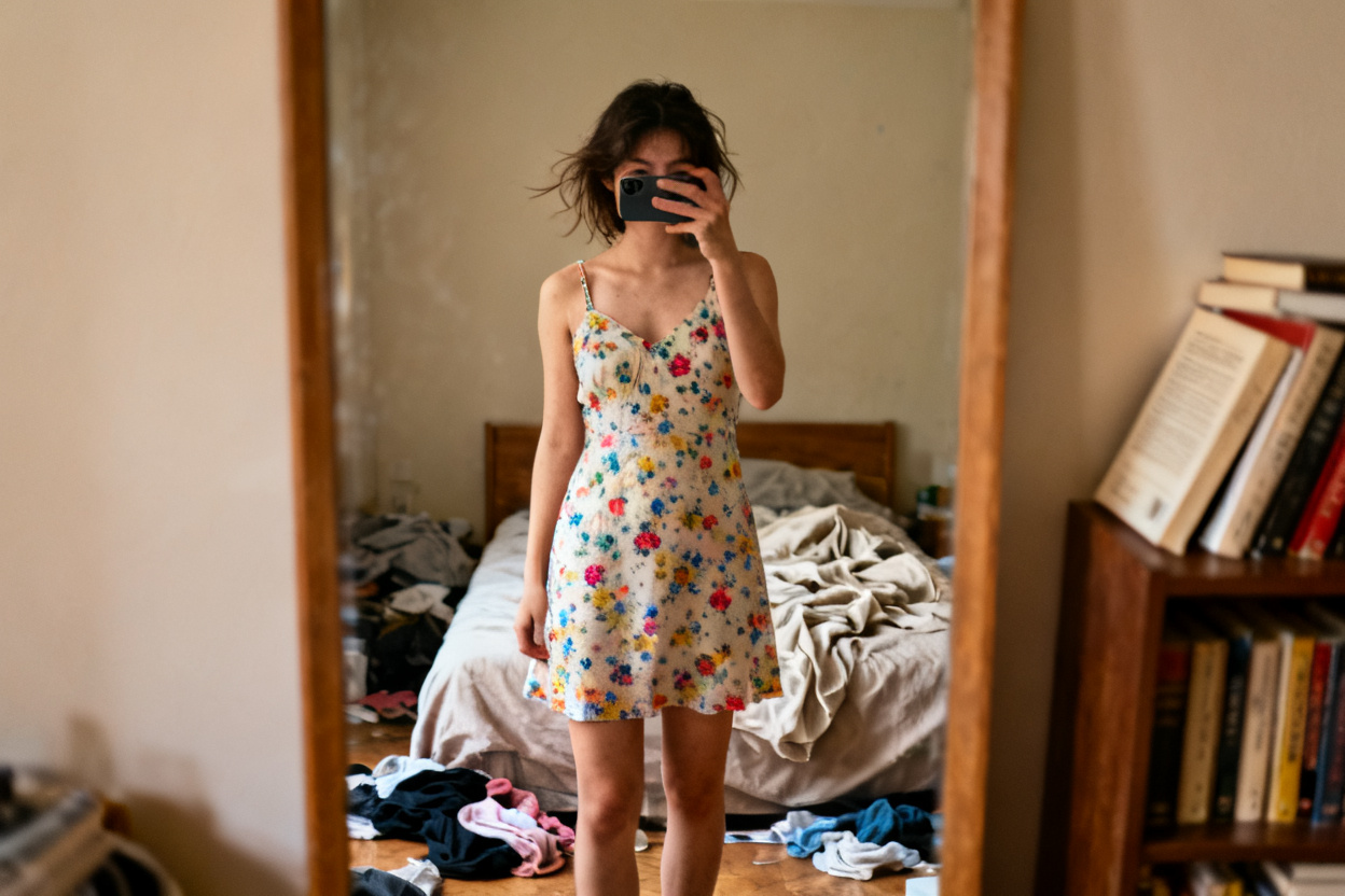 Mirror selfie turned into a fashion editorial photo — original photo
