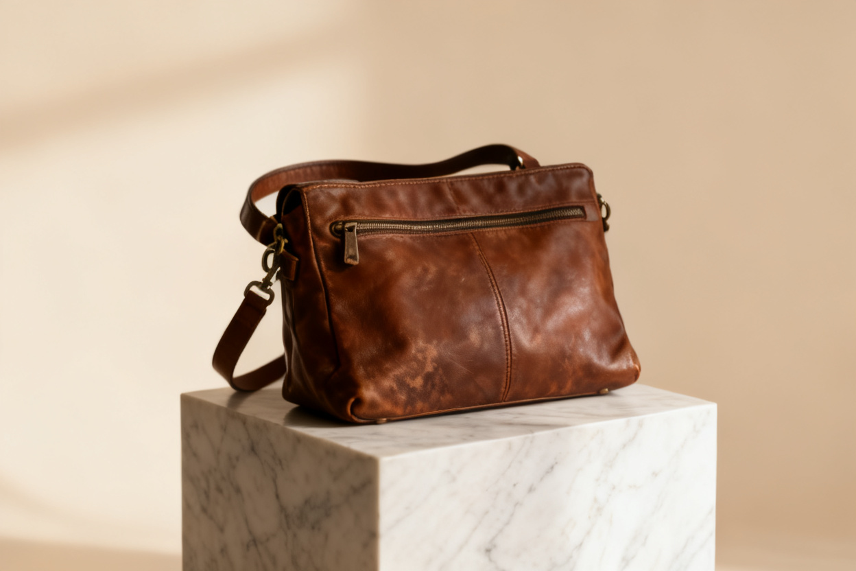 Handbag photo turned into a luxury campaign shot — after editing with AI
