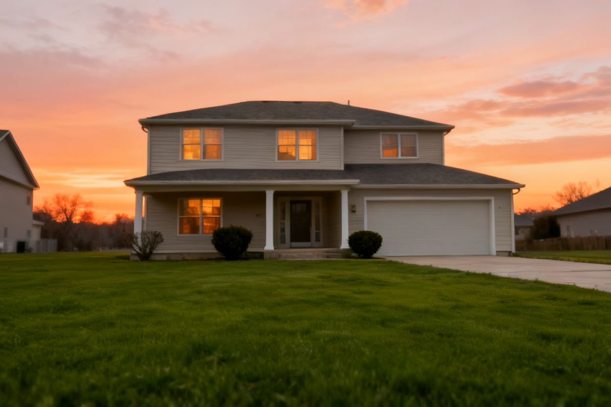 Overcast house exterior turned into a golden hour shot — after editing with AI