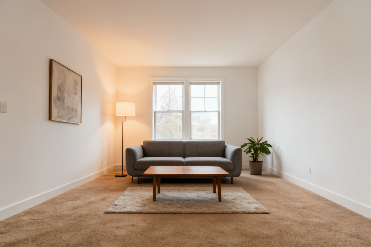 Empty living room virtually staged with modern furniture — after editing with AI