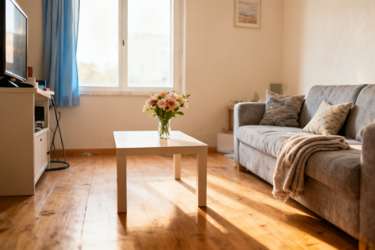Cluttered rental living room made bright and guest-ready — after editing with AI