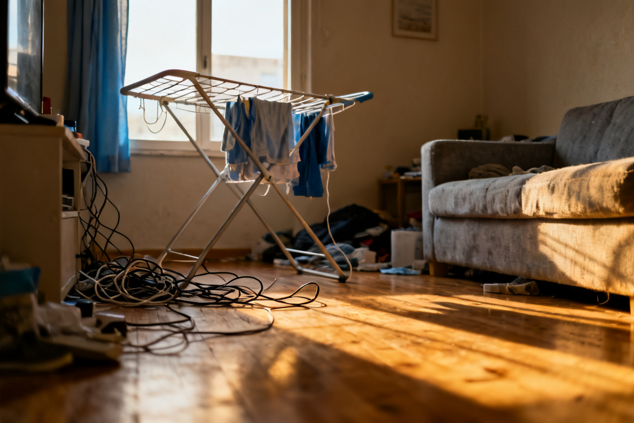 Cluttered rental living room made bright and guest-ready — original photo