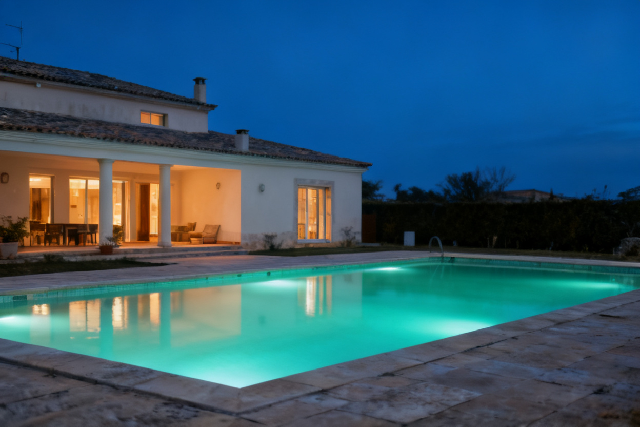 Overcast villa photo turned into a glowing twilight shot — after editing with AI