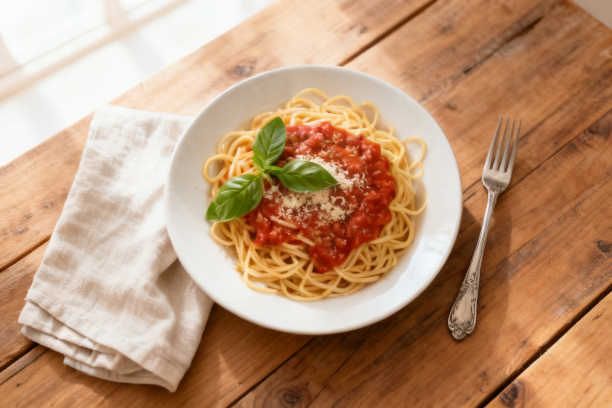 Pasta photo turned into a bright overhead menu shot — after editing with AI