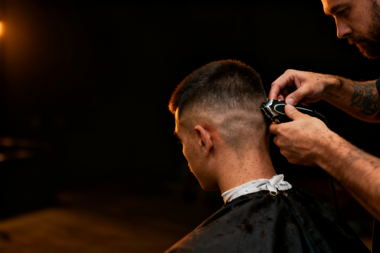 Barbershop photo turned into a moody editorial shot — after editing with AI