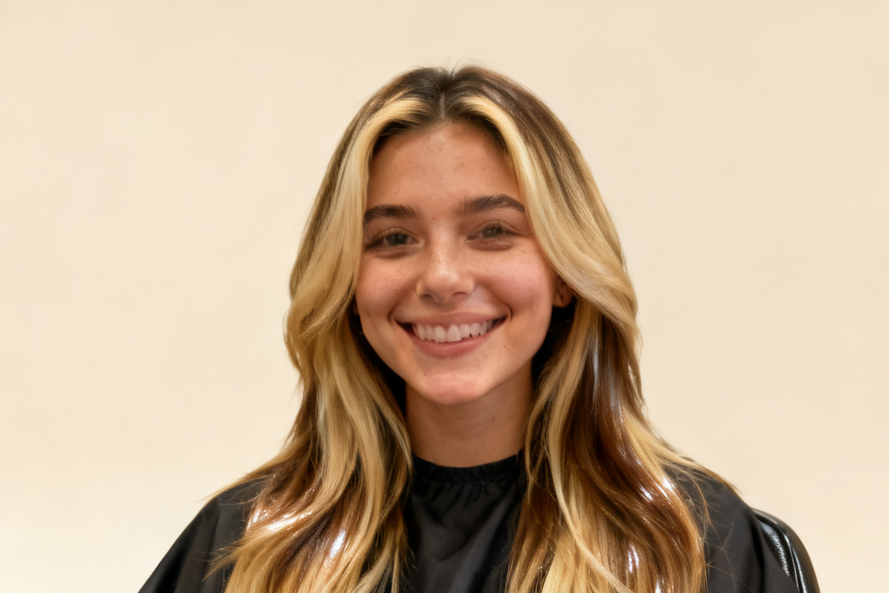Salon chair photo turned into a professional hair campaign shot — after editing with AI