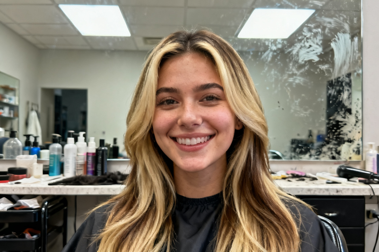Salon chair photo turned into a professional hair campaign shot — original photo