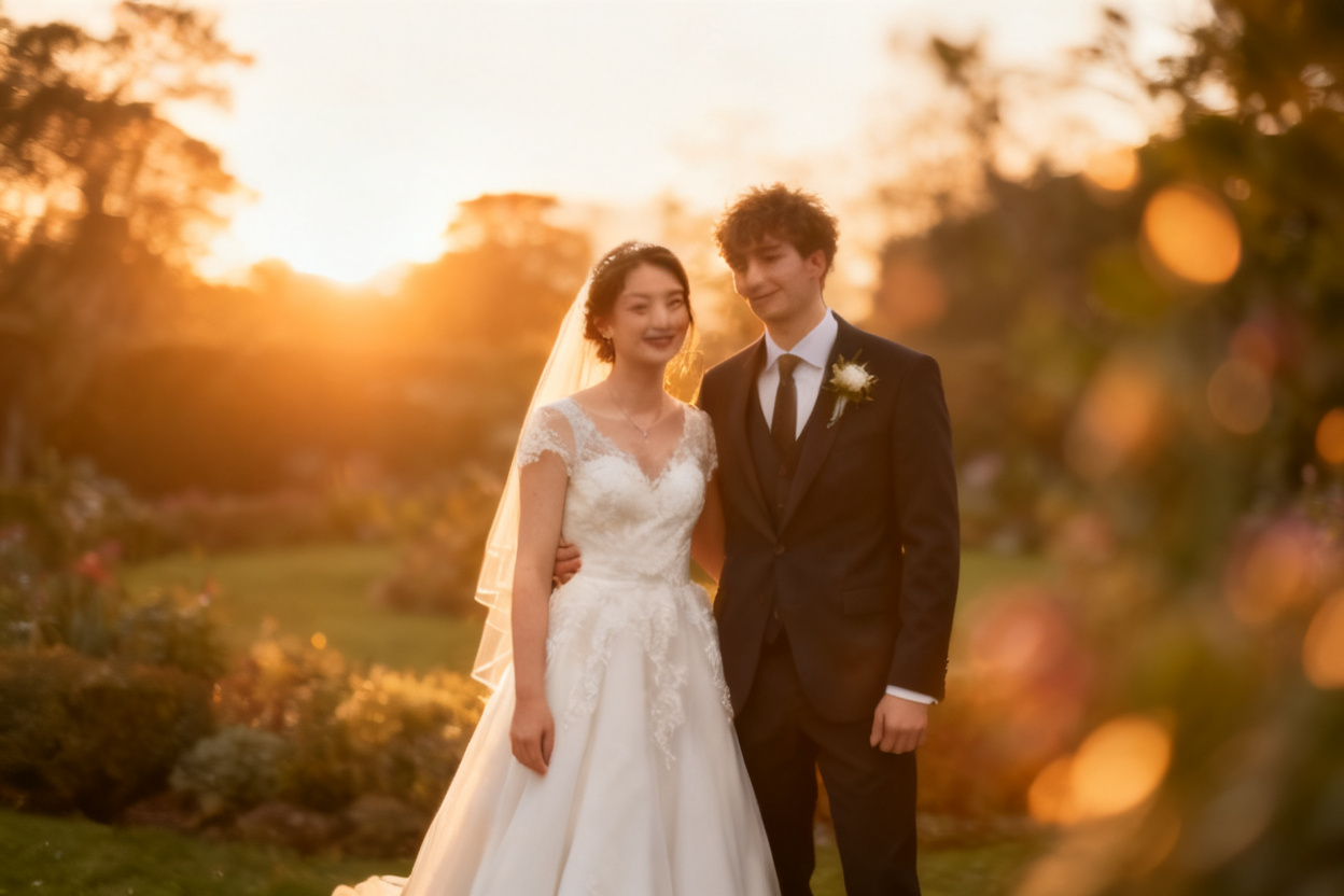 Overcast wedding couple photo turned into a golden hour portrait — after editing with AI
