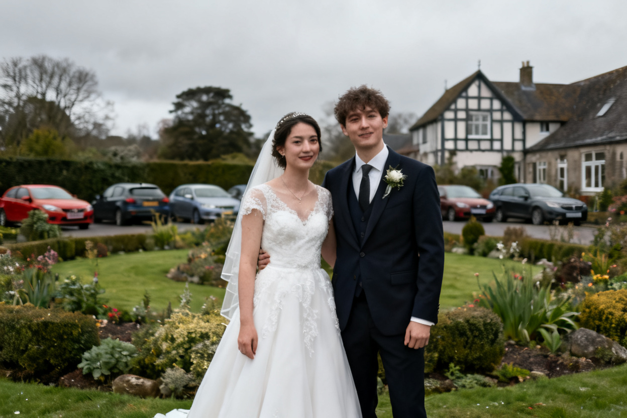 Overcast wedding couple photo turned into a golden hour portrait — original photo