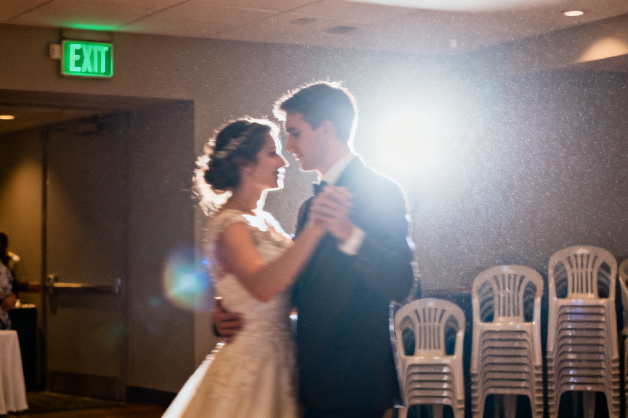 Harsh flash reception photo turned warm and romantic — original photo